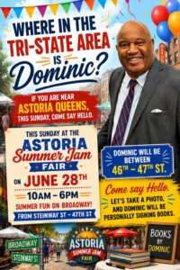 Dominic Carter, 77 WABC Radio host, journalist, author, and public speaker, smiles while greeting attendees at the Astoria Summer Jam Community Fair in Astoria, Queens, New York. Carter meets listeners, signs books, takes photos with community members, and connects with families from across the New York Tri-State area.